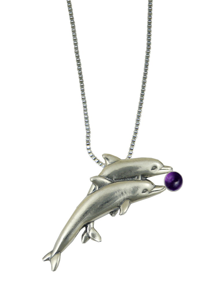 Sterling Silver Pair of Dolphins Pendant With Amethyst
